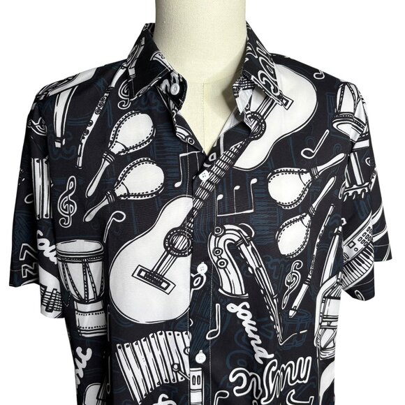 Manfinity Music Themed Button Up Shirt Large Black White Short Sleeve Hawaiian - Picture 2 of 7